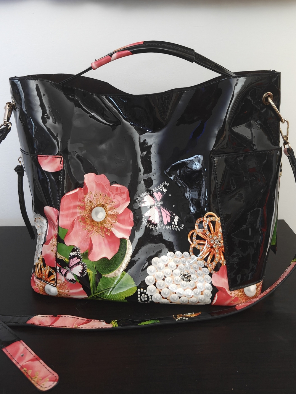 Black Shiny Tote Bag with Colorful Print